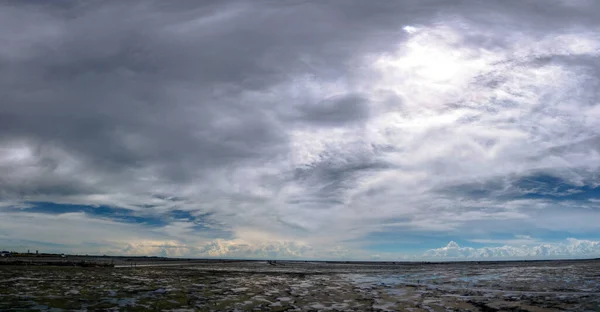 Landscape of mud beach, sea, and sky. Panorama view of beach at tide and skyline. Beautiful cloudscape. Blue sky and white clouds on sunny day. Tropical sea. Summer travel concept. Climate change.