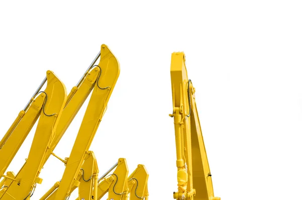 黄色的反铲 液压活塞臂隔离在白色上 建筑工地开挖重型机械 液压机械 巨大的推土机 重型机械工业 机械工程 — 图库照片