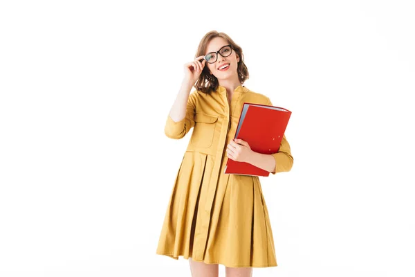 Retrato Jovem Senhora Sorridente Óculos Vestido Com Pasta Vermelha Mão — Fotografia de Stock