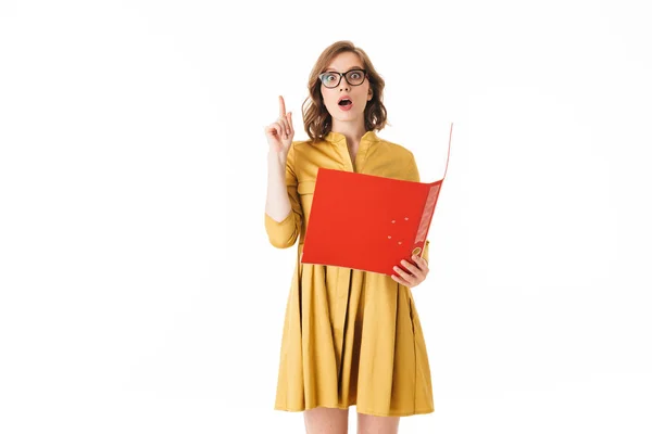 Portrait Pretty Lady Eyeglasses Yellow Dress Holding Red Folder While — Stock Photo, Image