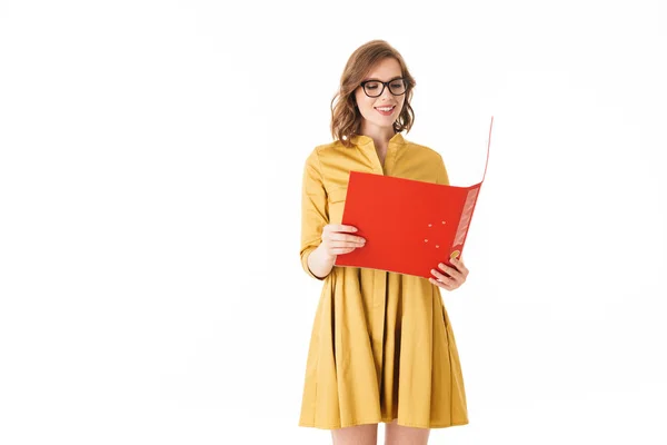 Portrait Pretty Smiling Lady Eyeglasses Yellow Dress Standing Red Open — Stock Photo, Image