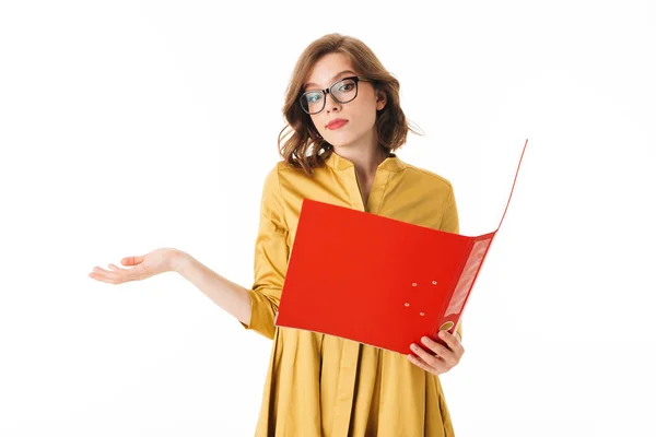 Portrait Pretty Lady Eyeglasses Standing Thoughtfully Looking Open Red Folder — Stock Photo, Image