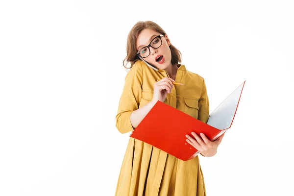Portrait Young Lady Eyeglasses Talking Her Cellphone Open Red Folder — Stock Photo, Image