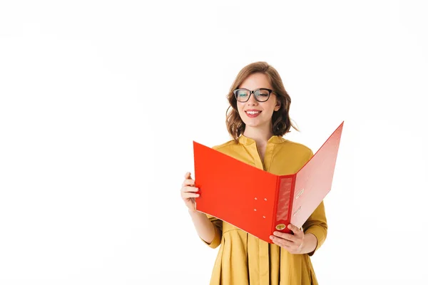 Portrait Young Joyful Lady Eyeglasses Standing Happily Looking Open Red — Stock Photo, Image