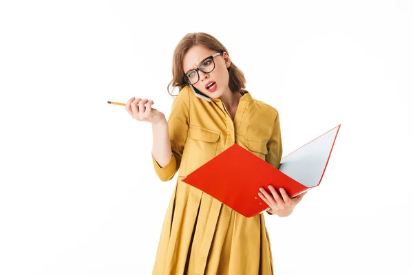 Portrait Busy Lady Eyeglasses Talking Her Cellphone While Angrily Looking — Stock Photo, Image