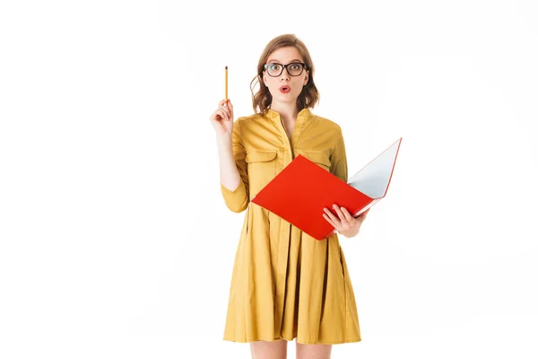 Portrait Young Pretty Lady Eyeglasses Yellow Dress Standing Red Folder — Stock Photo, Image