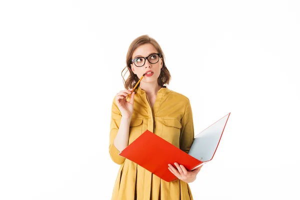 Portrait Young Lady Eyeglasses Standing Open Red Folder Pencil Hands — Stock Photo, Image