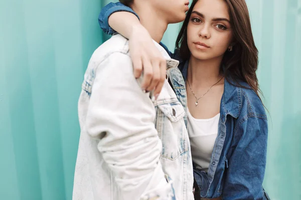 Portrait Young Beautiful Lady Standing Embracing Her Boyfriend While Dreamily — Stock Photo, Image