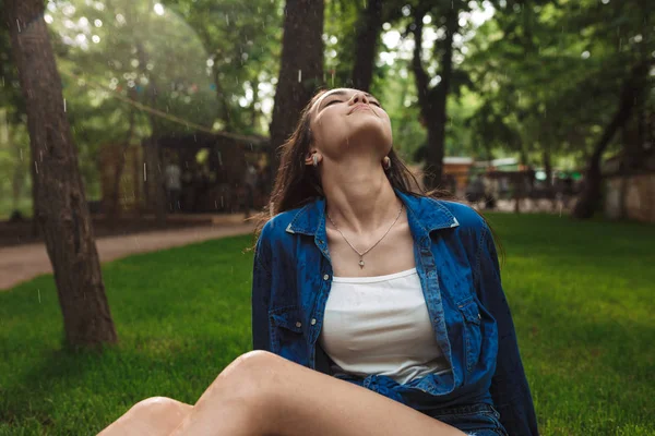 Portrait Pretty Pensive Lady Denim Shirt Dreamily Closing Her Eyes — Stock Photo, Image