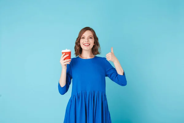 Retrato Jovem Senhora Vestido Com Xícara Café Para Sobre Fundo — Fotografia de Stock