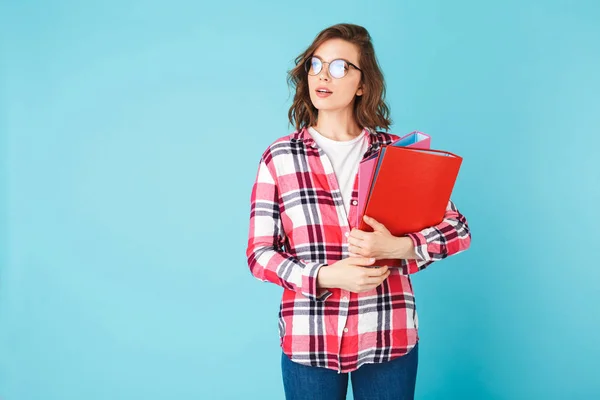Pensive Young Pretty Lady Eyeglasses Plaid Shirt Standing Folders Hands — Stock Photo, Image