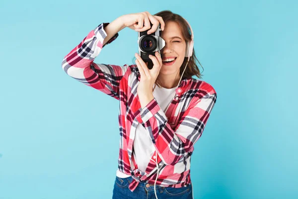 Portrait Young Lady Headphones Looking Little Retro Camera While Taking — Stock Photo, Image