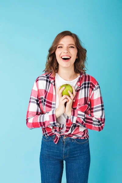 Portret Van Mooie Lachende Dame Permanent Shirt Spijkerbroek Met Groene — Stockfoto