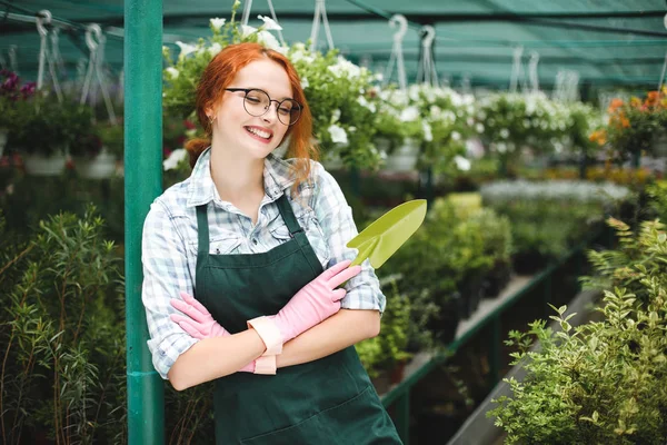 Küçük bahçe kürekle el ayakta önlük ve pembe eldiven neşeli çiçekçi. Gözlük mutlu serada çalışan genç gülümseyen kadın