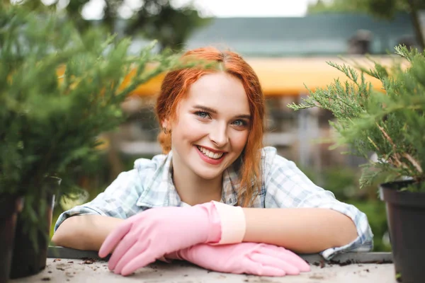 Pembe eldivenleri mutlu kamera serada çalışırken arıyorum güzel gülümseyen çiçekçi portresi