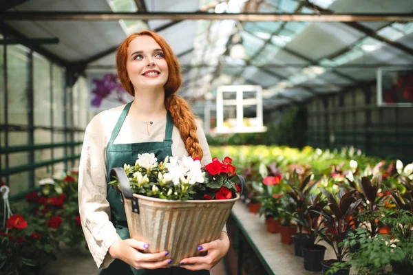 Ayakta ve sevinçle bir kenara serada bakarken metal kap içinde çiçek tutan önlük sevimli gülümseyen çiçekçi