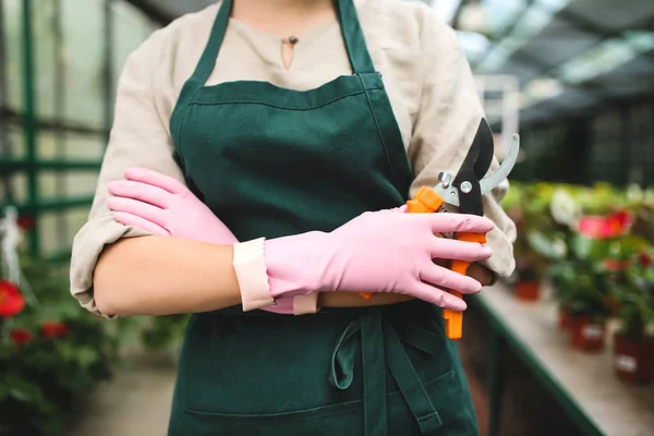 Close Woman Hands Pink Gloves Holding Garden Scissors Greenhouse — Stock Photo, Image