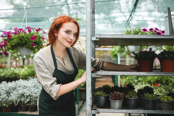 Pretty Florist Apron Working Flowers While Dreamily Looking Camera Big — Stock Photo, Image