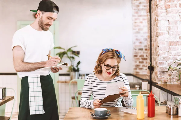 Beautiful Lady Eyeglasses Sitting Table Menu Hands Making Order While — Stock Photo, Image