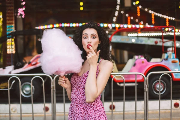 Beautiful Girl Dark Curly Hair Dress Standing Pink Cotton Candy — Stock Photo, Image