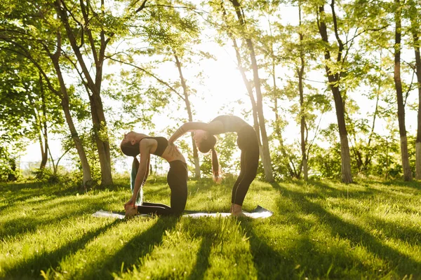 Фото Двух Дам Стоящих Тренирующихся Йога Позирует Вместе Открытом Воздухе — стоковое фото