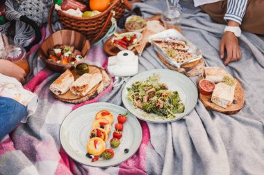 Güzel lezzetli piknik yiyecek ve içecekler üzerinde şehir parkı battaniyeye kadar yakın 