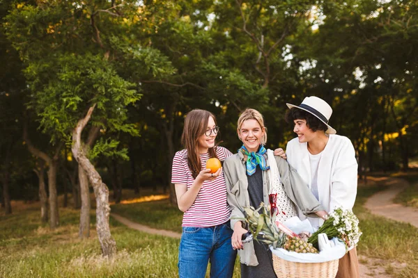 Bisiklet ve tam kır çiçekleri ve mutlulukla birlikte parkta vakit meyve sepeti ile oldukça gülümseyen kız