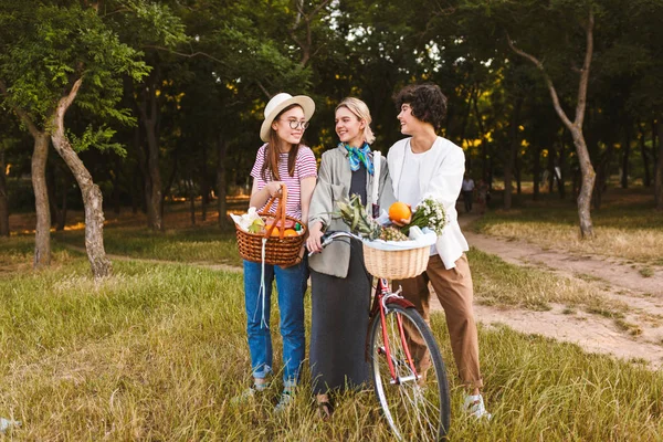 Grupp Vackra Flickor Med Cykel Och Korg Full Vilda Blommor — Stockfoto