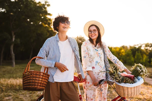 Bisiklet ve ahşap sepet sevinçle birlikte parkta vakit iki neşeli gülümseyen kız