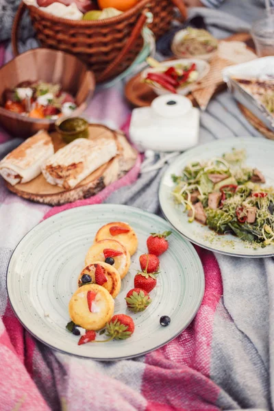 Güzel lezzetli piknik gıda üzerinde park piknik battaniyeye kadar kapatın 