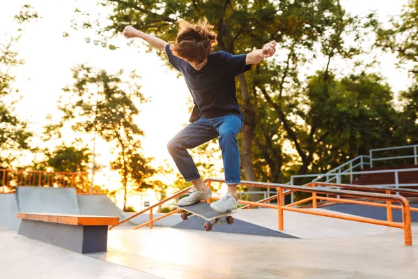 Young Cool Skater Black Shirt Jeans Practicing Jumping Tricks Skateboard — Stock Photo, Image