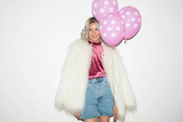 Pretty Smiling Girl White Fur Jacket Velvet Blouse Happily Looking — Stock Photo, Image