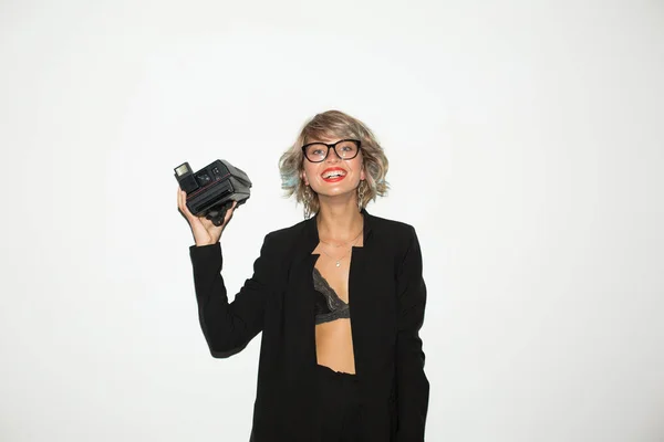 Cheerful Girl Eyeglasees Black Jacket Happily Looking Camera Holding Polaroid — Stock Photo, Image