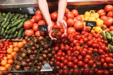 Domates taze sebze çeşitli ile modern süpermarkette tutan satıcı kapatın