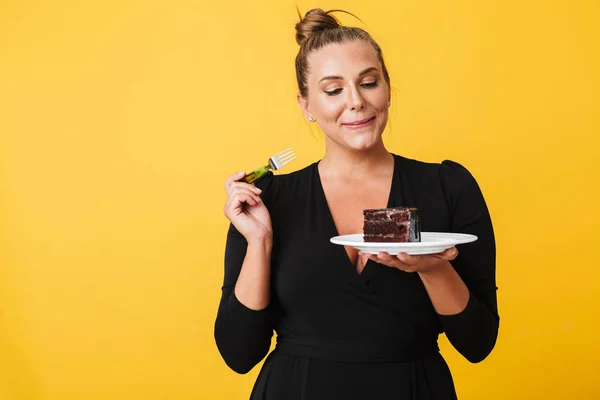 Young Pretty Woman Black Dress Holding White Plate Slice Chocolate — Stock Photo, Image
