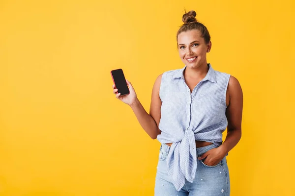 Beautiful Smiling Woman Shirt Happily Looking Camera Showing New Cellphone — Stock Photo, Image