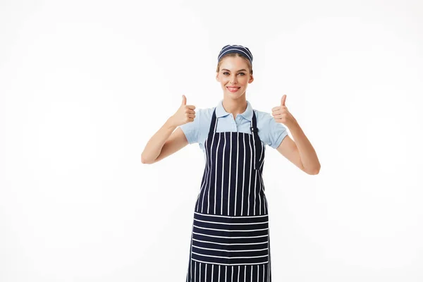 Jonge Vrouw Lachend Koken Gestreepte Schort Cap Gelukkig Kijken Camera — Stockfoto