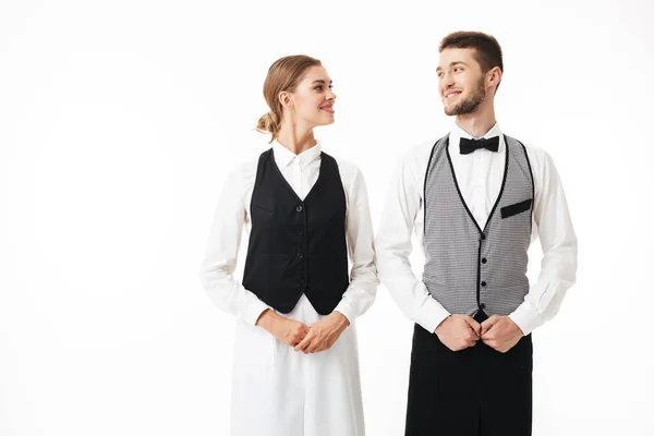 Young Smiling Waiter Pretty Waitress White Shirts Vests Happily Looking — Stock Photo, Image