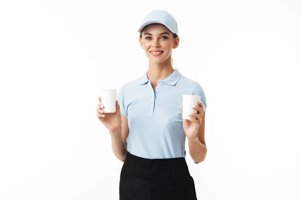 Młodzi Uśmiecha Się Kobieta Polo Niebieski Shirt Czapkę Trzymając Rękach — Zdjęcie stockowe