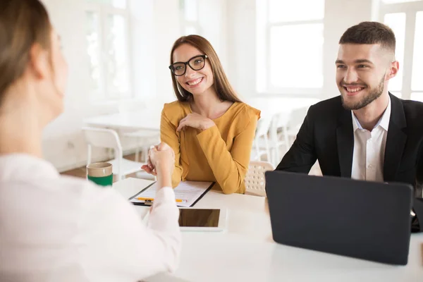 Smiling Business Woman Eyeglasses Happily Shaking Applicant Hand Business Man — Stock Photo, Image