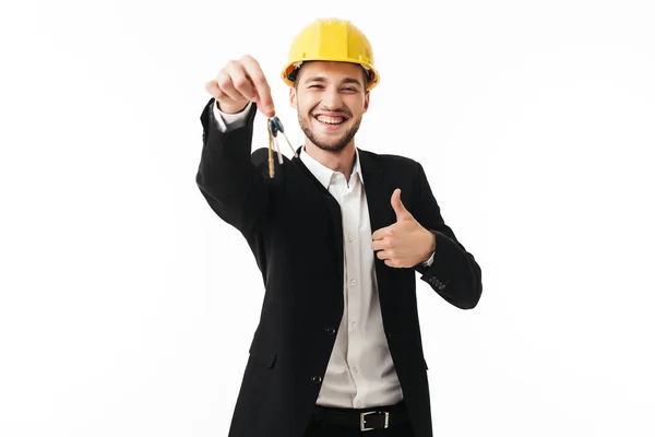 Młody Biznesmen Radosny Pokazując Kask Żółty Bezpieczeństwa Kciuk Szczęśliwie Patrząc — Zdjęcie stockowe