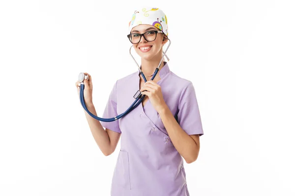 Ung Leende Kvinnliga Läkare Uniform Och Glasögon Med Phonendoscope Glatt — Stockfoto