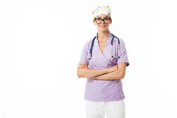 Junger Lächelnder Arzt Uniform Und Brille Mit Phonendoskop Hals Der — Stockfoto