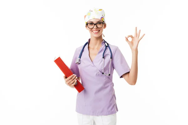 Ung Leende Läkare Uniform Och Glasögon Med Phonendoscope Hals Lyckligt — Stockfoto