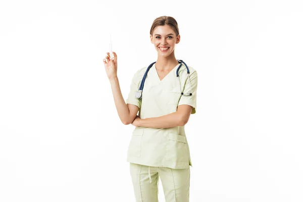 Young Cheerful Female Doctor Uniform Phonendoscope Neck Holding Syringe Hand — Stock Photo, Image