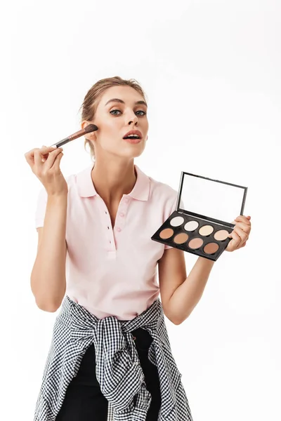 Young Pretty Woman Dreamily Looking Camera Doing Make Brush Palette — Stock Photo, Image