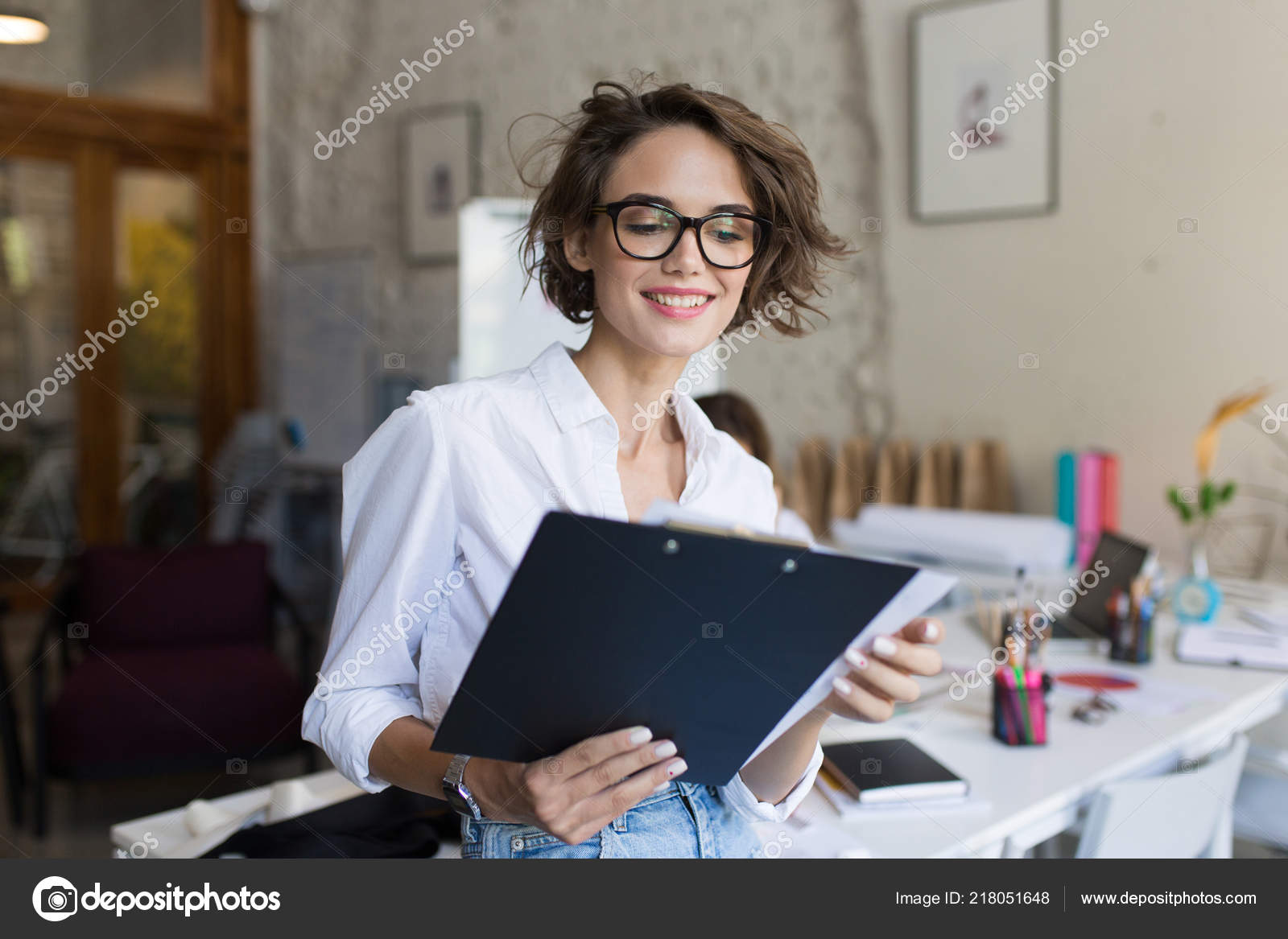 Young Beautiful Smiling Girl Short Curly Hair Eyeglasses White