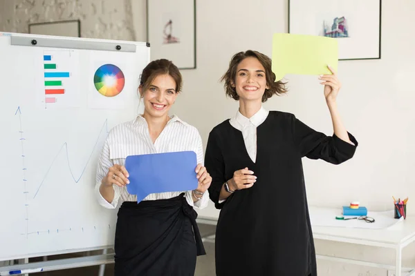 Two Young Beautiful Women Happily Looking Camera White Board Background — Stock Photo, Image