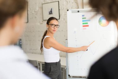 Genç güzel okul müdiresi beyaz tahta düşünceli diyagramları modern ofis çalışma yakın duran gözlük