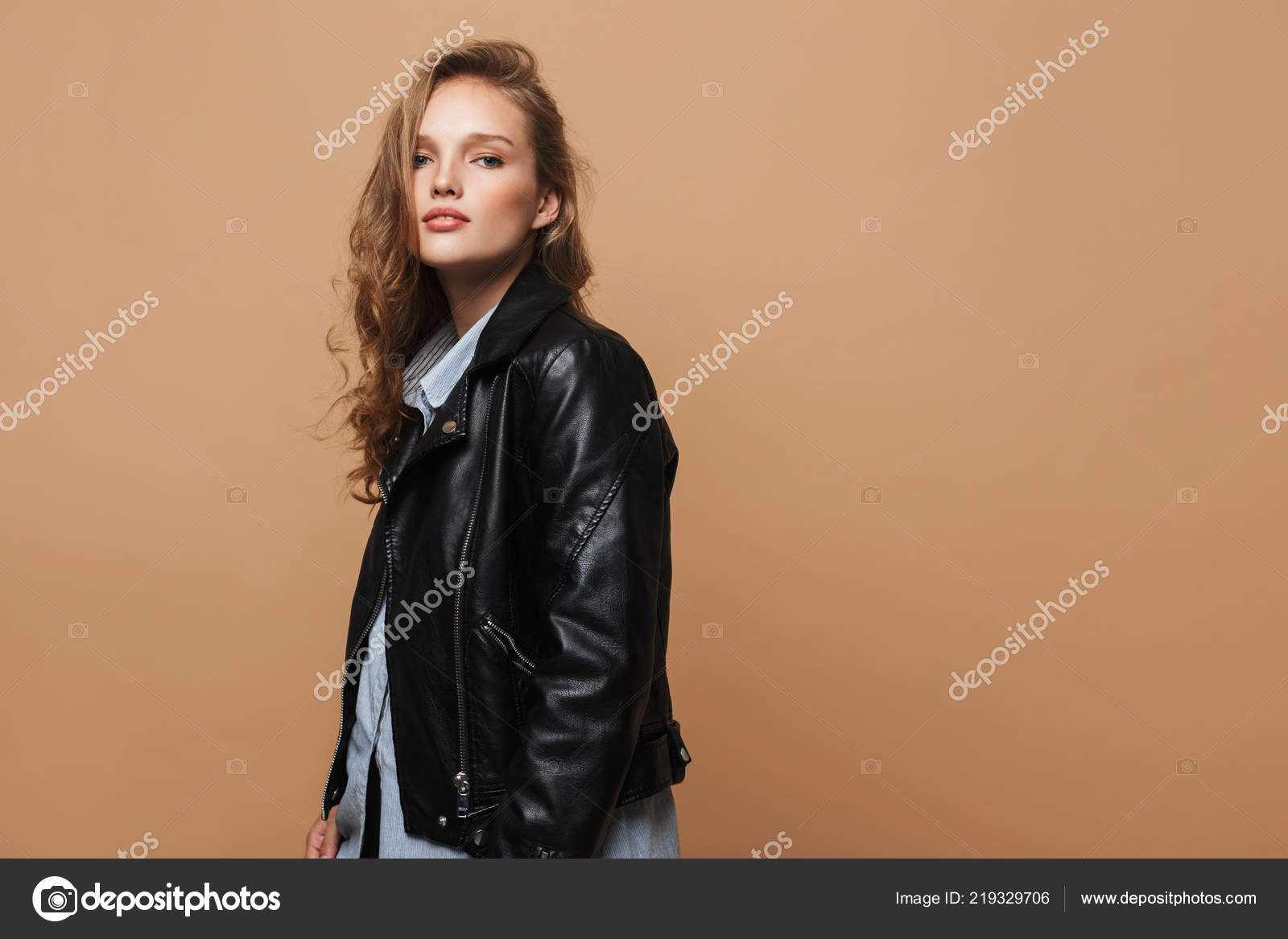Beautiful Girl Wavy Hair Black Leather Jacket Shirt Dreamily